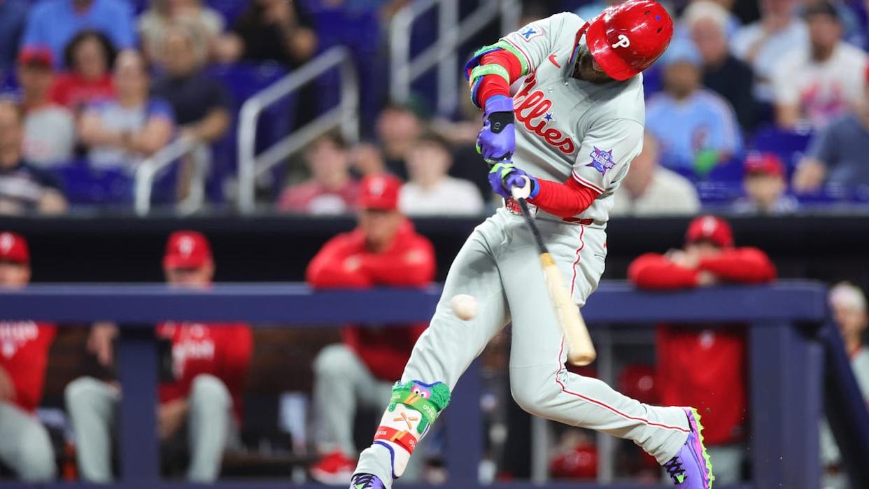<div>MIAMI, FLORIDA - MAY 04: Bryce Harper #3 of the Philadelphia Phillies hits a double against the Miami Marlins in the first inning of the game at loanDepot park on May 04, 2026 in Miami, Florida. (Photo by Megan Briggs/Getty Images)</div>