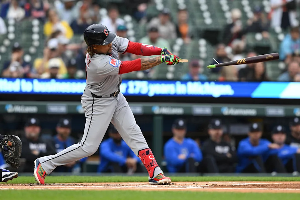 Cleveland Guardians' Jose Ramirez breaks his bat against the Detroit Tigers on May 18, 2026, in Detroit, Michigan.