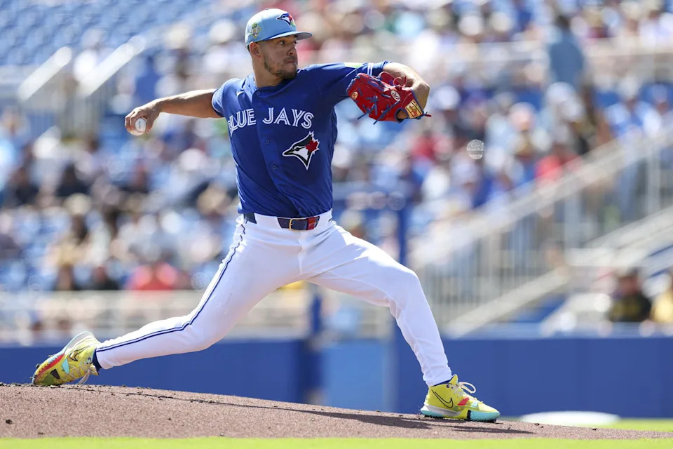 Toronto Blue Jays starting pitcher Jose Berrios throws a pitch against the Pittsburgh Pirates in the first inning during a spring training on March 6, 2006, at TD Ballpark in Dunedin, Fla. Nathan Ray Seebeck-Imagn Images