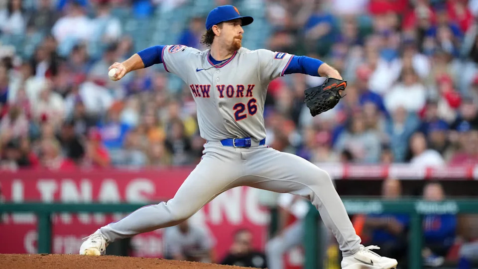 May 2, 2026; Anaheim, California, USA; New York Mets pitcher Nolan McLean (26) throws in the first inning against the Los Angeles Angels at Angel Stadium.