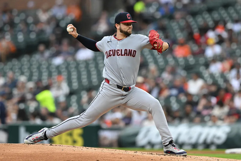 Cleveland Guardians starter Slade Cecconi throws a pitch against the Detroit Tigers on May 18, 2026, in Detroit, Michigan.