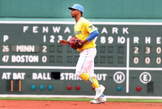 Boston Red Sox' pitcher Brayan Bello trots in from the bullpen to pitch in the second inning during a baseball game against the Minnesota Twins, Saturday May 23, 2026 in Boston. (AP Photo/Jim Davis)