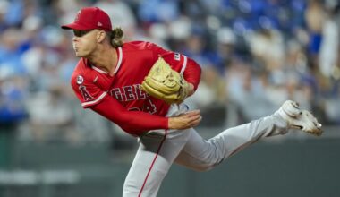 Apr 25, 2026; Kansas City, Missouri, USA; Los Angeles Angels pitcher Shaun Anderson (64) pitches during the seventh inning against the Kansas City Royals at Kauffman Stadium. Mandatory Credit: Jay Biggerstaff-Imagn Images