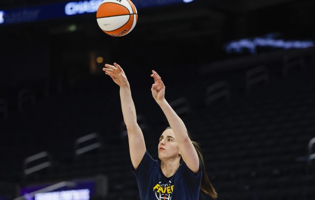 Indiana Fever's Caitlin Clark (22) takes a shot during warmups before their game against the Golden State Valkyries at the Chase Center in San Francisco, Calif., on Sunday, May 28, 2026. (Nhat V. Meyer/Bay Area News Group)