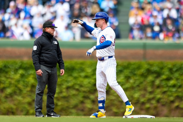 Chicago Cubs center fielder Pete Crow-Armstrong (4) celebrates a double in the second inning against the Arizona Diamondbacks at Wrigley Field on May 3, 2026. (Eileen T. Meslar/Chicago Tribune)