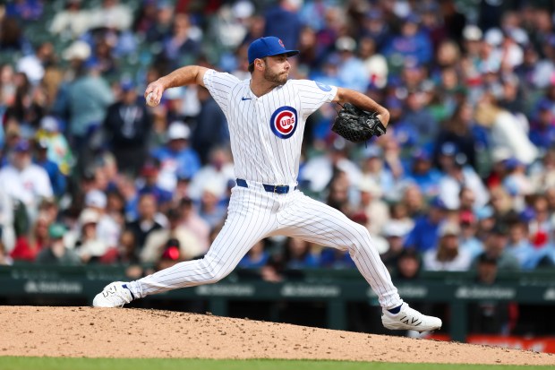 Chicago Cubs pitcher Corbin Martin (38) pitches in the ninth inning against the Arizona Diamondbacks at Wrigley Field on May 3, 2026. (Eileen T. Meslar/Chicago Tribune)