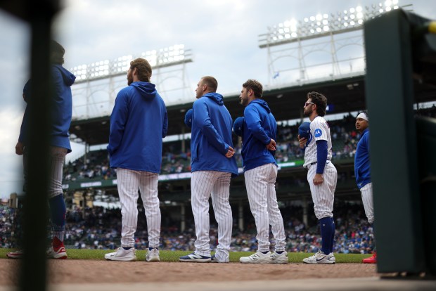 Chicago Cubs players stand for the national anthem before the game against the Arizona Diamondbacks at Wrigley Field on May 3, 2026. (Eileen T. Meslar/Chicago Tribune)