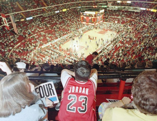 Chicago Bulls fans watch the pregame activities before the start of Game 6 of the Eastern Conference semifinal game between the New York Knicks and the Chicago Bulls at Chicago Stadium on May 20, 1994. (John Zich/AP)