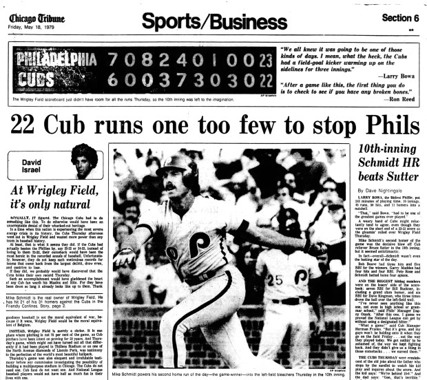 A 23-22 win by the Philadelphia Phillies against the Chicago Cubs on May 17, 1979, at Wrigley Field set several team records at the time: Most total bases in a game (97); most home runs in a game (11); most total bases (49 for the Cubs and 48 for the Phillies); most home runs given up by the Phillies (6); and most runs scored by the Phillies (23). (Chicago Tribune)