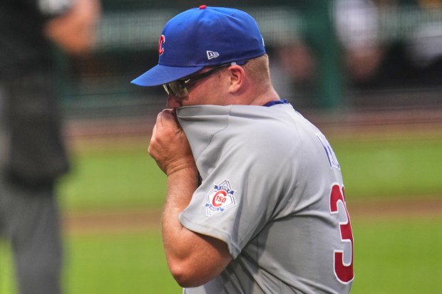 Cubs pitcher Jordan Wicks walks to the dugout after giving up five runs in the first inning against the Pirates on Tuesday, May 26, 2026, in Pittsburgh. (AP Photo/Gene J. Puskar)