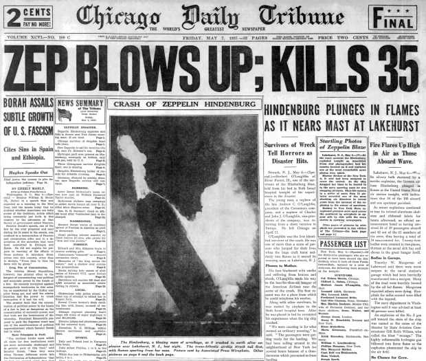 The German airship Hindenburg, which was filled with highly flammable helium, caught fire on May 6, 1937, near its docking station in Lakehurst, New Jersey. (Chicago Tribune)