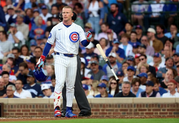 Chicago Cubs center fielder Pete Crow-Armstrong (4) tosses his bat aside after striking out to end the second inning of a game against the Milwaukee Brewers at Wrigley Field in Chicago on May 19, 2026. (Chris Sweda/Chicago Tribune)