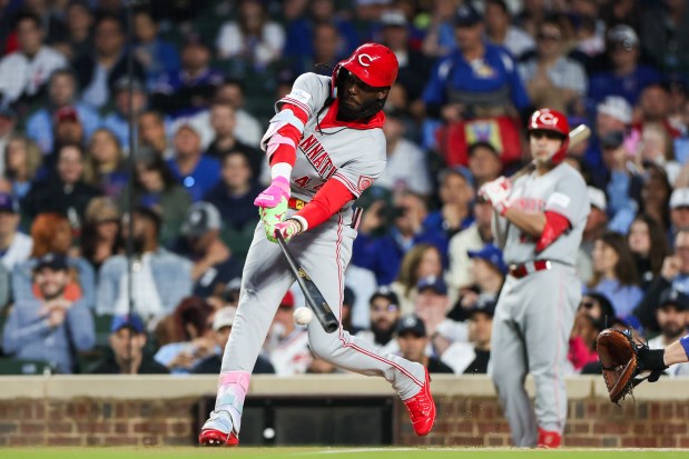 Reds shortstop Elly de la Cruz (44) hits a single during the first inning against the Cubs at Wrigley Field May 4, 2026, in Chicago. (Armando L. Sanchez/Chicago Tribune)