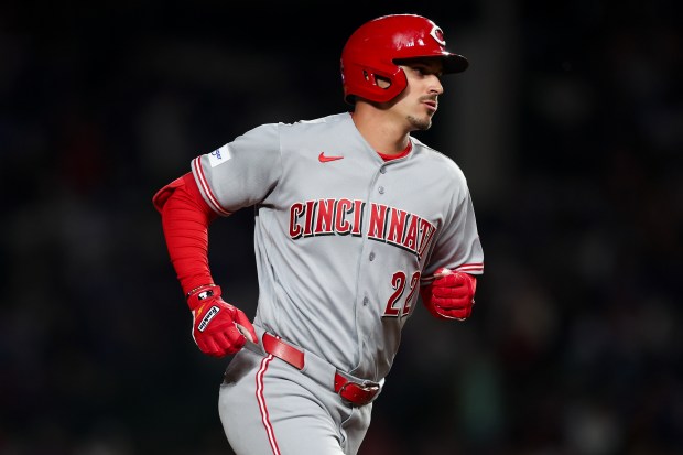 Reds left fielder JJ Bleday (22) runs the bases after hitting a solo-homer during the third inning against the Cubs at Wrigley Field May 4, 2026, in Chicago. (Armando L. Sanchez/Chicago Tribune)