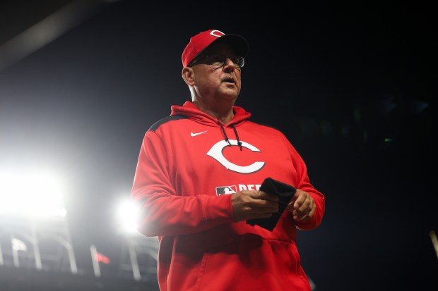 Reds manager Terry Francona walks to the dugout after taking out Reds pitcher Chase Petty (61) during the sixth inning against the Cubs at Wrigley Field May 4, 2026, in Chicago. (Armando L. Sanchez/Chicago Tribune)