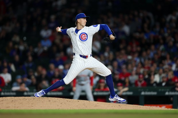 Cubs pitcher Ben Brown (32) pitches during the eighth inning against the Reds at Wrigley Field May 4, 2026, in Chicago. (Armando L. Sanchez/Chicago Tribune)