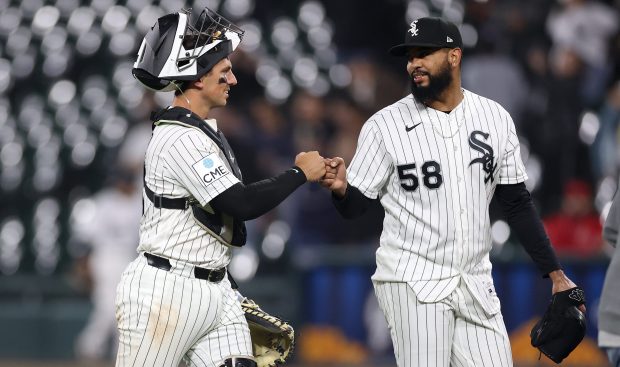 White Sox catcher Drew Romo and reliever Seranthony Domínguez celebrate after closing out a victory against the Angels on Tuesday, April 28, 2026, at Rate Field. (Chris Sweda/Chicago Tribune)