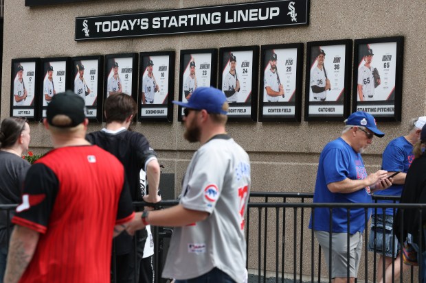 The Chicago White Sox starting lineup is posted outside Rate Field in Chicago before a game between the Sox and the Chicago Cubs on May 16, 2026. (Chris Sweda/Chicago Tribune)