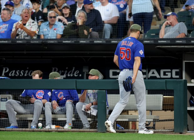 Cubs starter Jameson Taillon walks to the dugout after being pulled from the game in the sixth inning against the White Sox on May 16, 2026, at Rate Field. (Chris Sweda/Chicago Tribune)