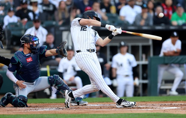 Chicago White Sox shortstop Colson Montgomery (12) hits a two-run home run in the first inning of a game against the Seattle Mariners at Rate Field in Chicago on May 9, 2026. (Chris Sweda/Chicago Tribune)