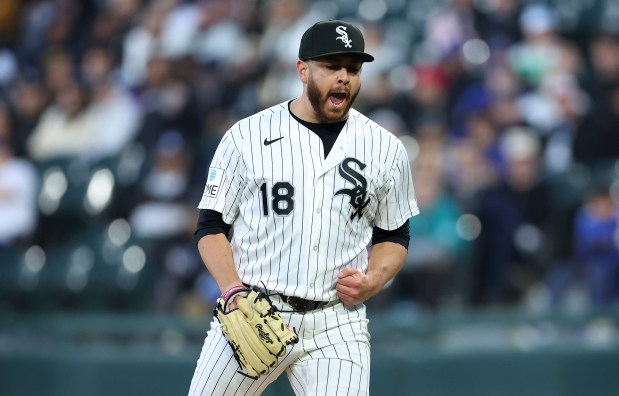 Chicago White Sox starting pitcher Anthony Kay celebrates after closing out the Seattle Mariners in the fifth inning of a game at Rate Field in Chicago on May 9, 2026. (Chris Sweda/Chicago Tribune)