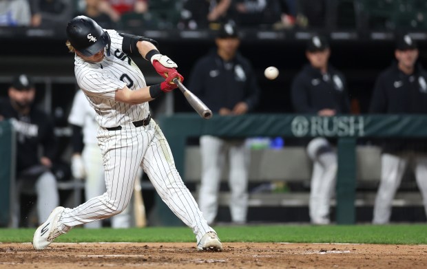 White Sox second baseman Chase Meidroth hits a three-run home run in the fifth inning against the Royals on Tuesday, May 12, 2026, at Rate Field. (Chris Sweda/Chicago Tribune)