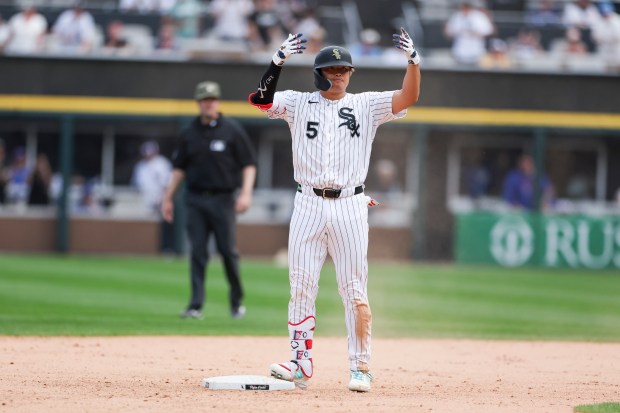 Chicago White Sox first baseman Munetaka Murakami (5) celebrates after hitting a double during the 9th inning against the Chicago Cubs at Rate Field on May 17, 2026. (Eileen T. Meslar/Chicago Tribune)