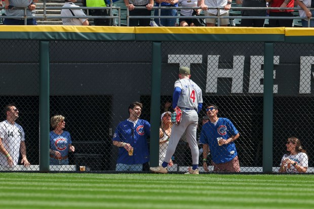 Fans yell at Cubs center fielder Pete Crow-Armstrong after he jumped and missed a fly ball during the fifth inning against the White Sox at Rate Field on May 17, 2026. (Eileen T. Meslar/Chicago Tribune)