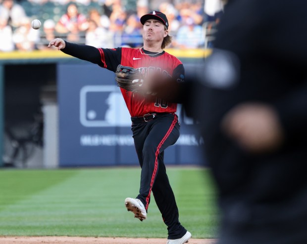 White Sox second baseman Chase Meidroth throws to first for an out in the second inning against the Cubs on May 15, 2026, at Rate Field. (John J. Kim/Chicago Tribune)