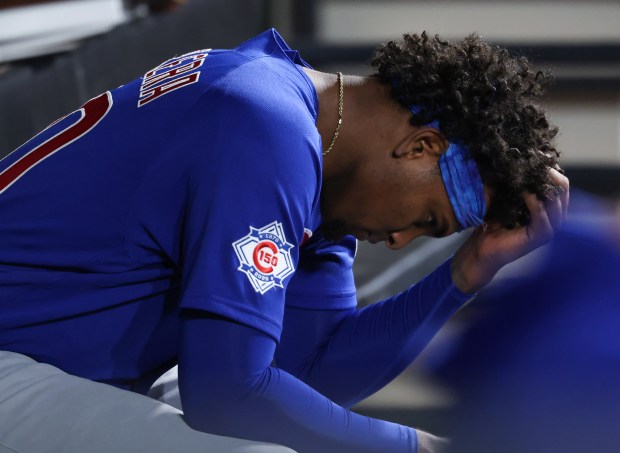 Cubs starting pitcher Edward Cabrera sits in the dugout after being taken out of the game in the fifth inning against the White Sox at Rate Field on May 15, 2026, in Chicago. (John J. Kim/Chicago Tribune)
