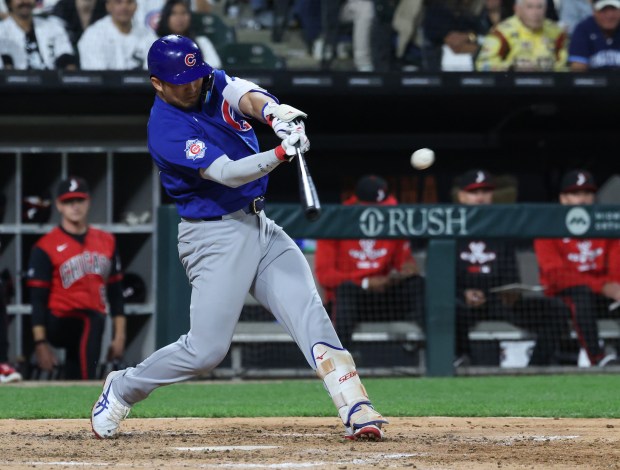 Cubs right fielder Seiya Suzuki connects for a single against the White Sox in the seventh inning at Rate Field on May 15, 2026, in Chicago. (John J. Kim/Chicago Tribune)