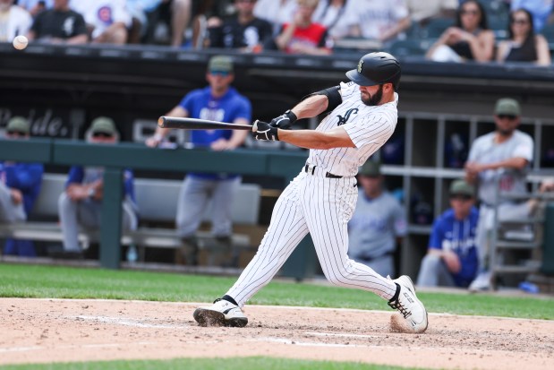 Chicago White Sox center fielder Tristan Peters (29) hits a three-run home run to put the Sox ahead of the Chicago Cubs during the 8th inning at Rate Field on May 17, 2026. (Eileen T. Meslar/Chicago Tribune)