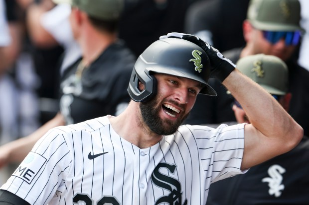 Chicago White Sox center fielder Tristan Peters (29) celebrates in the dugout after hitting a three-run home run to put the Sox ahead of the Chicago Cubs during the 8th inning at Rate Field on May 17, 2026. (Eileen T. Meslar/Chicago Tribune)
