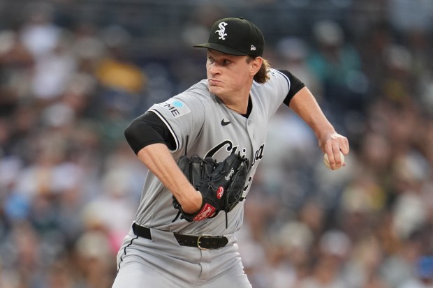 White Sox starter Noah Schultz delivers against a Padres batter during the second inning Friday, May 1, 2026, in San Diego. (Gregory Bull/AP)