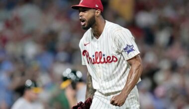 Phillies pitcher Cristopher Sanchez reacts after getting out of a jamb in the seventh inning of the Oakland A’s at Philadelphia Phillies MLB baseball game at Citizens Bank Park in Philadelphia on Tuesday, May 5, 2026.