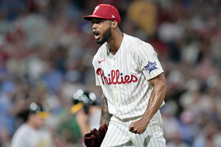 Phillies pitcher Cristopher Sanchez reacts after getting out of a jamb in the seventh inning of the Oakland A’s at Philadelphia Phillies MLB baseball game at Citizens Bank Park in Philadelphia on Tuesday, May 5, 2026.