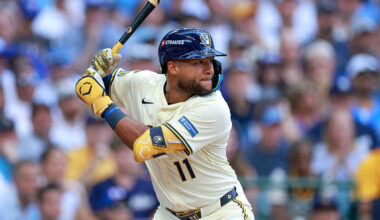 MILWAUKEE, WISCONSIN - OCTOBER 4: Jackson Chourio #11 of the Milwaukee Brewers at bat in the second inning during game one of the National League Division Series against the Chicago Cubs at American Family Field on October 04, 2025 in Milwaukee, Wisconsin. (Photo by Brandon Sloter/Chicago Cubs/Getty Images)