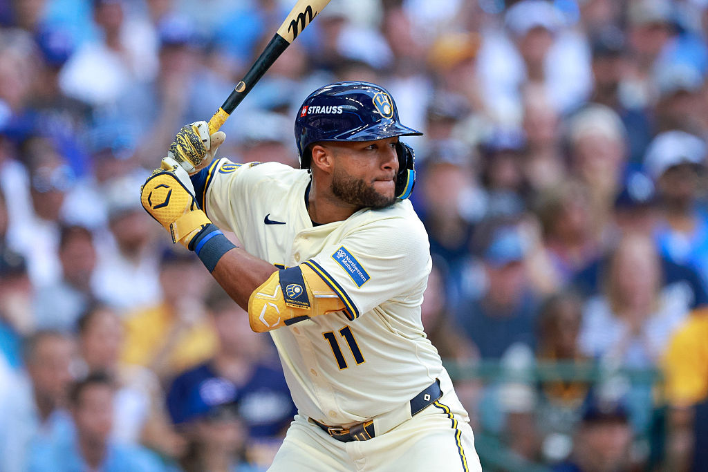 MILWAUKEE, WISCONSIN - OCTOBER 4: Jackson Chourio #11 of the Milwaukee Brewers at bat in the second inning during game one of the National League Division Series against the Chicago Cubs at American Family Field on October 04, 2025 in Milwaukee, Wisconsin. (Photo by Brandon Sloter/Chicago Cubs/Getty Images)