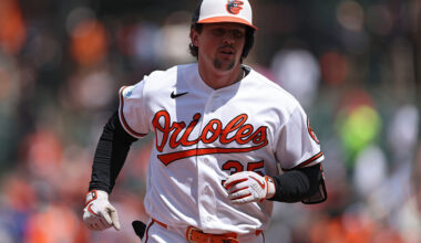 BALTIMORE, MARYLAND - APRIL 30: Adley Rutschman #35 of the Baltimore Orioles rounds the bases after hitting a grand slam home run against the Houston Astros during the fifth inning in game one of a doubleheader at Oriole Park at Camden Yards on April 30, 2026 in Baltimore, Maryland.