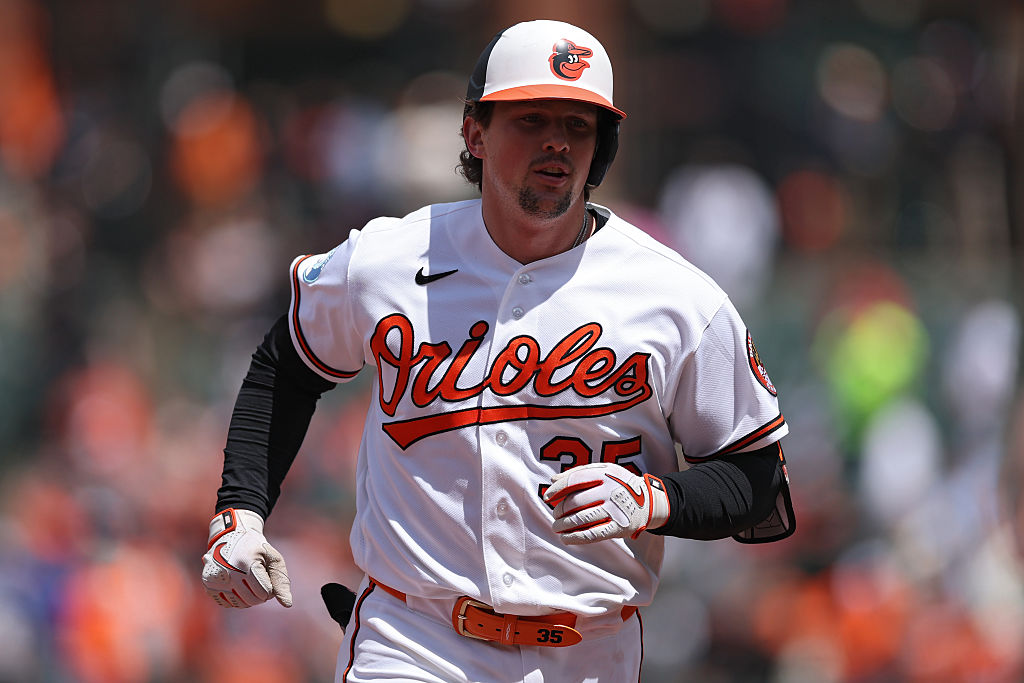 BALTIMORE, MARYLAND - APRIL 30: Adley Rutschman #35 of the Baltimore Orioles rounds the bases after hitting a grand slam home run against the Houston Astros during the fifth inning in game one of a doubleheader at Oriole Park at Camden Yards on April 30, 2026 in Baltimore, Maryland.