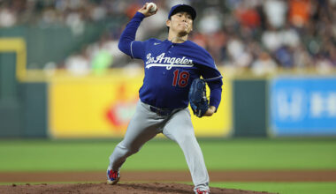 HOUSTON, TEXAS - MAY 04: Yoshinobu Yamamoto #18 of the Los Angeles Dodgers pitches in the first inning against the Houston Astros at Daikin Park on May 04, 2026 in Houston, Texas. (Photo by Tim Warner/Getty Images)