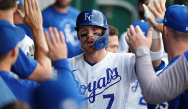 KANSAS CITY, MISSOURI - MAY 04: Bobby Witt Jr. #7 of the Kansas City Royals celebrates his home run with teammates in the fourth inning against the Cleveland Guardians at Kauffman Stadium on May 04, 2026 in Kansas City, Missouri. (Photo by Ed Zurga/Getty Images)