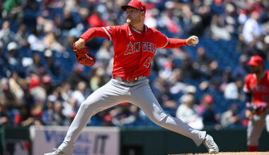 CLEVELAND, OHIO - MAY 13: Reid Detmers #48 of the Los Angeles Angels throws a pitch during the first inning against the Cleveland Guardians at Progressive Field on May 13, 2026 in Cleveland, Ohio. (Photo by Nick Cammett/Getty Images)