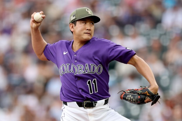 Starting pitcher Tomoyuki Sugano #11 of the Colorado Rockies throws against the Arizona Diamondbacks in the first inning at Coors Field on May 16, 2026 in Denver, Colorado. (Photo by Matthew Stockman/Getty Images)