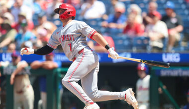 PHILADELPHIA, PA - MAY 20: Spencer Steer #7 of the Cincinnati Reds hits a single in the third inning during the game between the Cincinnati Reds and the Philadelphia Phillies at Citizens Bank Park on Wednesday, May 20, 2026 in Philadelphia, Pennsylvania. (Photo by Rob Tringali/MLB Photos via Getty Images)