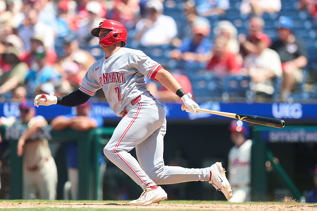 PHILADELPHIA, PA - MAY 20: Spencer Steer #7 of the Cincinnati Reds hits a single in the third inning during the game between the Cincinnati Reds and the Philadelphia Phillies at Citizens Bank Park on Wednesday, May 20, 2026 in Philadelphia, Pennsylvania. (Photo by Rob Tringali/MLB Photos via Getty Images)