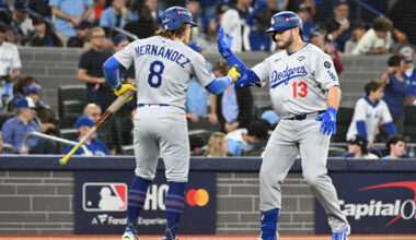 Oct 25, 2025; Toronto, Ontario, CAN; Los Angeles Dodgers third baseman Max Muncy (13) celebrates after hitting a solo home run against the Toronto Blue Jays with left fielder Enrique Hernandez (8) in the seventh inning during game two of the 2025 MLB World Series at Rogers Centre. Mandatory Credit: Dan Hamilton-Imagn Images