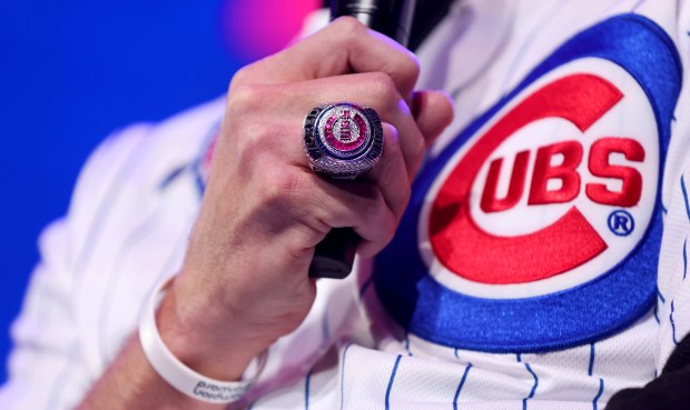 Former Cubs player Ben Zobrist wears his World Series ring from 2016 while speaking as part of a panel at the Cubs Convention on Jan. 13, 2024, at the Sheraton Grand Chicago. (Chris Sweda/Chicago Tribune)