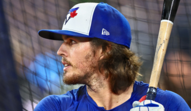 Addison Barger #47 of the Toronto Blue Jays takes batting practice before game two of the 2025 World Series against the Los Angeles Dodgers at Rogers Center on October 25, 2025 in Toronto, Ontario. (Photo by Vaughn Ridley/Getty Images)