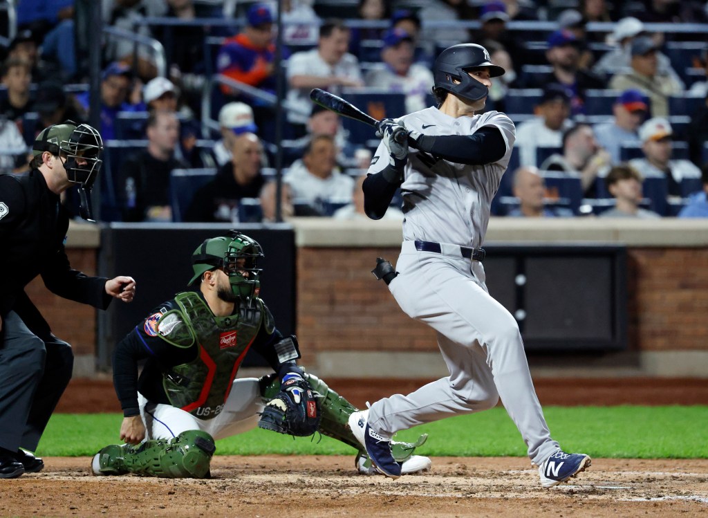 New York Yankees right fielder Spencer Jones connects on a RBI single against the New York Mets in the fifth inning during the Subway Series at Citi field in the Queens, New York, USA, Friday, May 15, 2026.